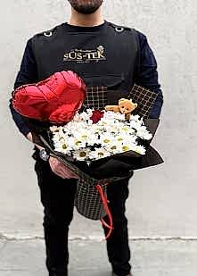 G�l Papatya Buket Ay�c�k ve Kalp Balon Hediye