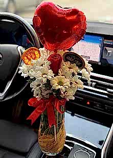 Vazoda Papatya & K�rm�z� G�l Kalp Balon Hediye 